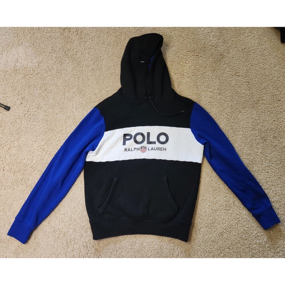 Men's Polo Ralph Lauren Colorblock Fleece Hoodie Sweatshirt Black Royal Small